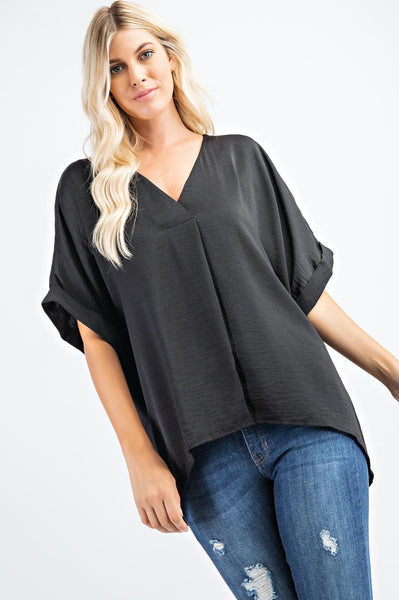 Glam V Neck Cuffed Sleeve Top