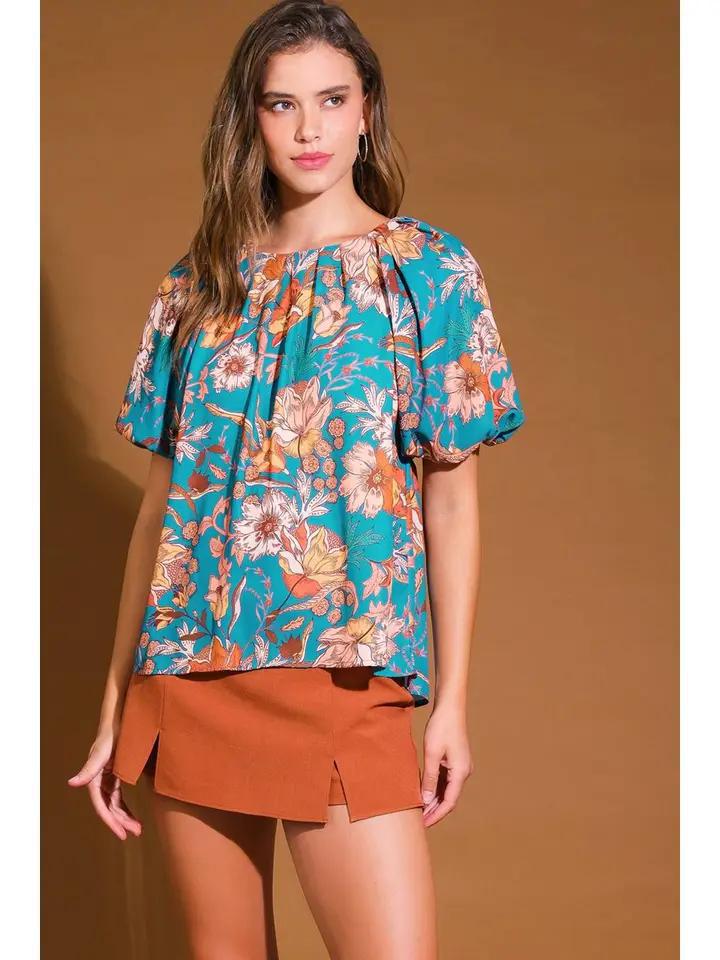 Teal Meadow Floral Blouse FT