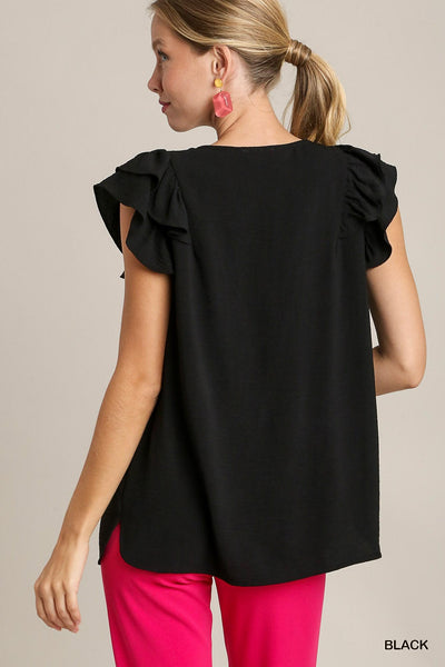 V-Neck Double Layered Flutter Sleeve Blouse UM