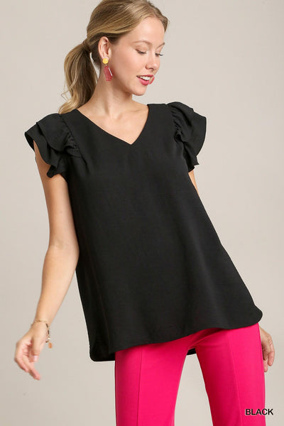 V-Neck Double Layered Flutter Sleeve Blouse UM