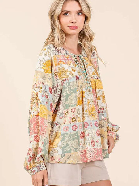 Patchwork Long Sleeve Blouse